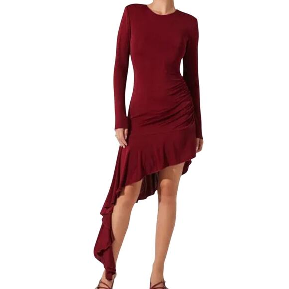 ASTR the Label dress Asymmetric Ruffle Hem burgundy size Small S - Picture 7 of 7